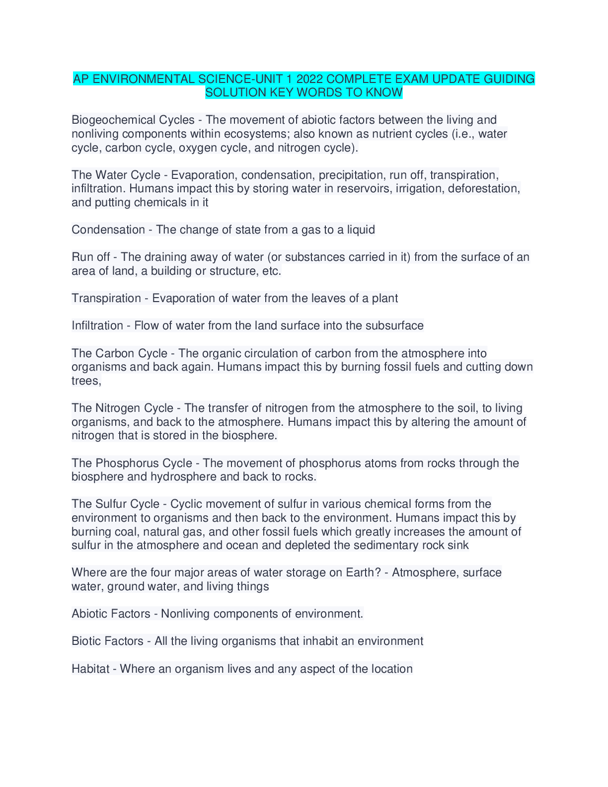 Preview image for AP ENVIRONMENTAL SCIENCE-UNIT 1 2022 COMPLETE EXAM UPDATE GUIDING  SOLUTION KEY WORDS TO KNOW